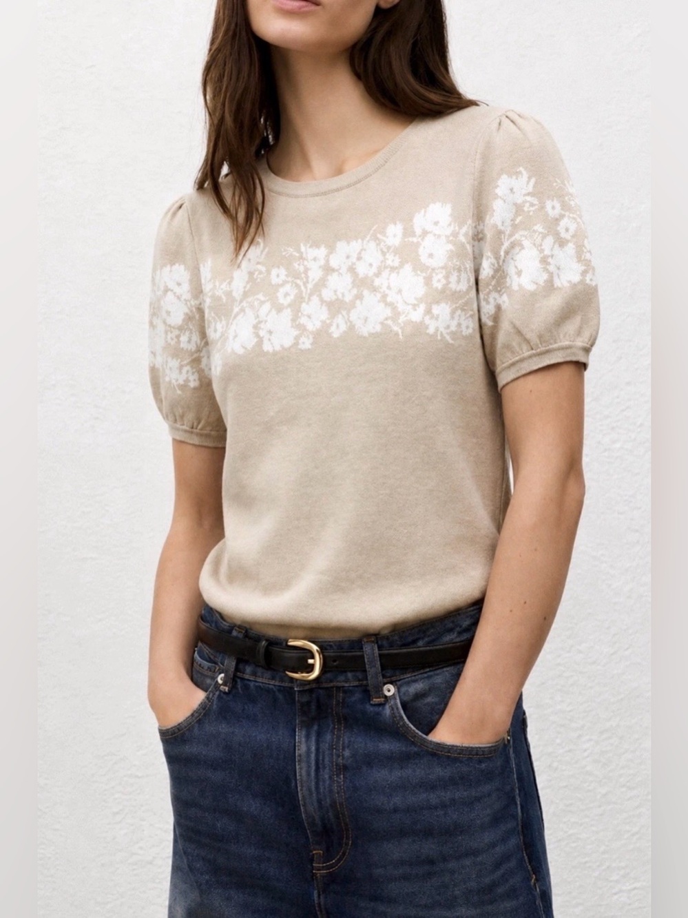 ELIE TAHARI PUFF SLEEVE SWEATER KNIT TOP M {FITS S} FLORAL OATMEAL QUIET LUXURY